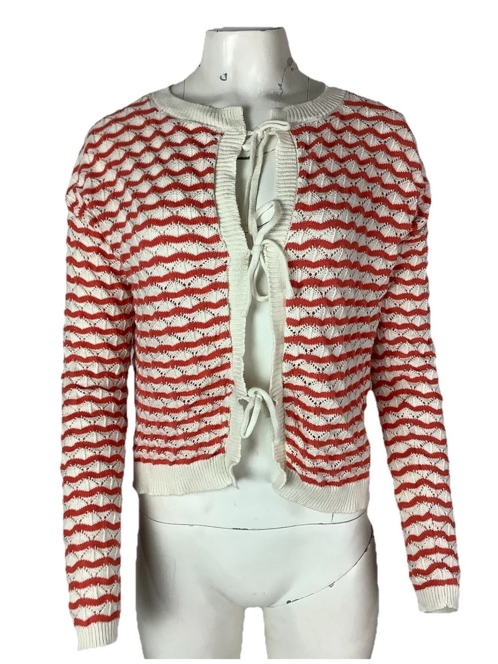 Willow & Wind Sz S 100% Cotton Tie Front Open Knit Summer Cardigan Red White